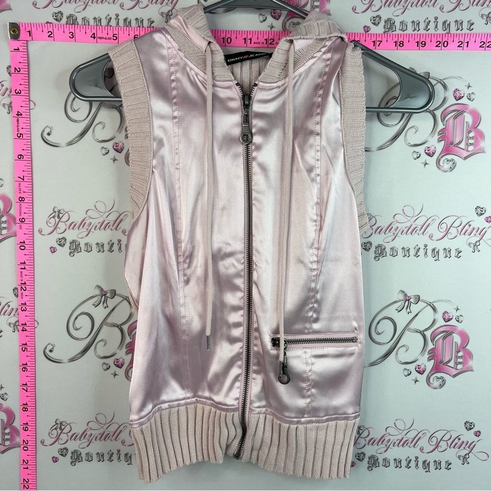 DKNY vest zip up shiny light pink y2k rare Satin Pink Sleeveless Zip Front Vest